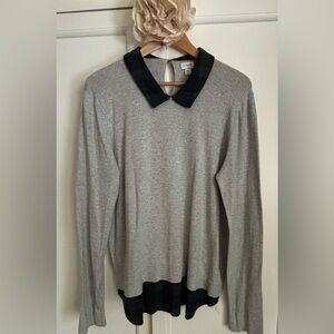 J. Crew Gray Knit Top with Contrasting Black Watch Plaid Collar and Hem.